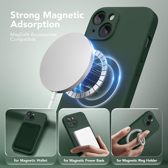 Magnetic for iPhone 15 Case, Compatible with MagSafe, [Screen Protector + Full Camera Protection], Silicone Shockproof Anti-Scratch Protective Phone Case for iPhone 15 6.1", Alpine Green