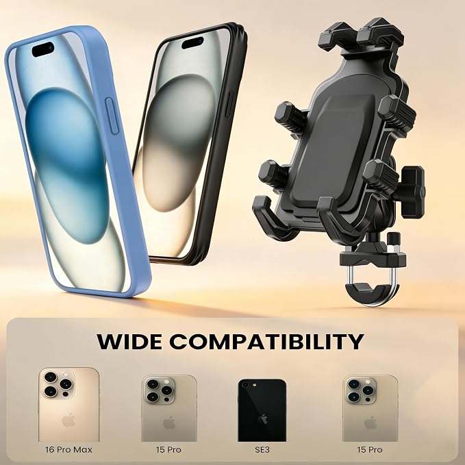 Motorcycle Phone Mount Holder with Vibration Dampener, Heavy Duty Bike Phone Holder, Anti-Shake Handlebar for Bicycle Bike Phone Holder Mount, Adjustable Fit 5.4-6.9'' Smartphone