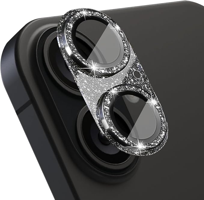 Camera Lens Protector for iPhone 16/iPhone 16 Plus, Bling Glitter Camera Cover with 9H Tempered Glass Metal Ring, Anti-Scratch Lens Protector for iPhone 16/iPhone 16 Plus (Glitter - Black)