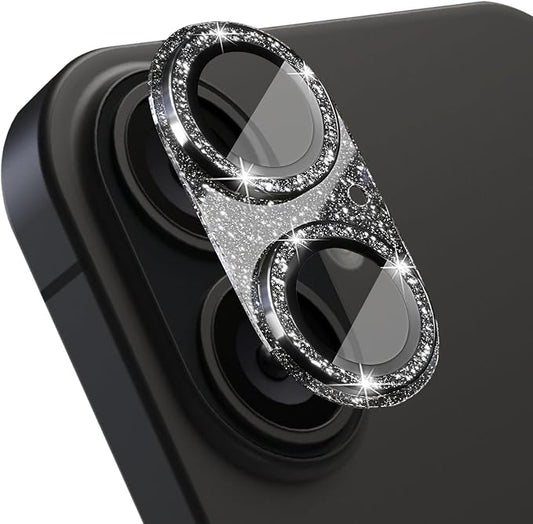 Camera Lens Protector for iPhone 16/iPhone 16 Plus, Bling Glitter Camera Cover with 9H Tempered Glass Metal Ring, Anti-Scratch Lens Protector for iPhone 16/iPhone 16 Plus (Glitter - Black)