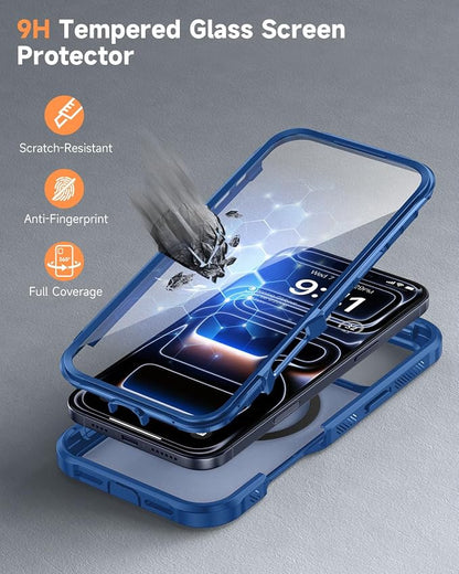 seacosmo for iPhone 17 Pro Case, Full Body Bumper with Built-in Tempered Glass Screen and Camera Lens Protector, Compatible with MagSafe, Shockproof 17 Pro Phone Case, 6.3", Blue Matte