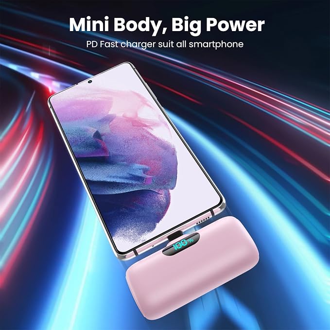 Small Portable Charger for iPhone 17/16/15 Series,5000mAh 3A PD USB C Power Bank,Mini LCD Display Battery Pack for iPhone 17/17Pro/16Plus/16Pro/15Pro Max,Samsung,Android/Moto/LG etc (Pink)