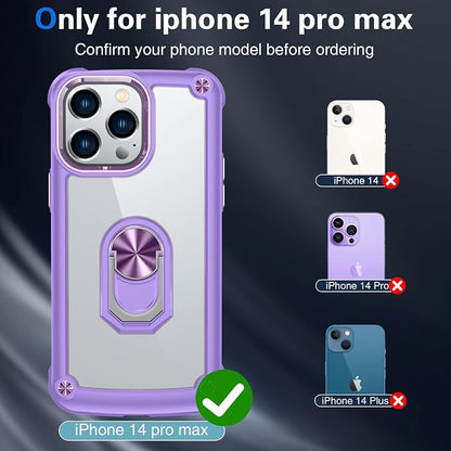 GOLDJU 4 in 1 for iPhone 14 Pro Max Case, Heavy Duty Protective Case with [360°Rotatable Magnetic Stand]& [2P 9H Tempered Glass Screen Protector]& [1P Camera Lens] Clear Hard Back 6.7’’ 2022(Violet)