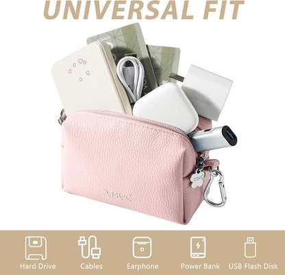 Small Tech Pouch, Waterproof Electronics Travel Case with Carabiner, Compact Cable Organizer Bags & Cases for Chargers, Power Banks, Hard Drives, Earbuds, Cords and Digital Accessories (Pink)