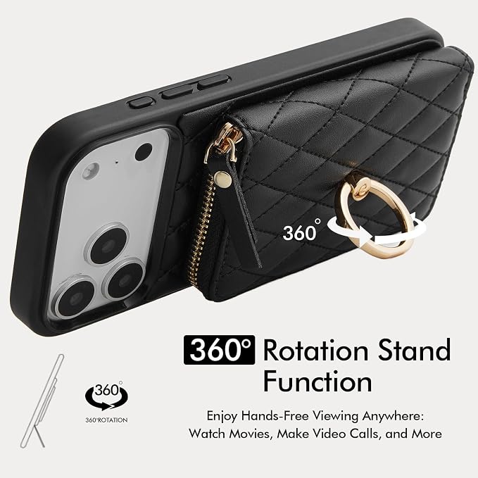 ZVE for iPhone 17 Pro Wallet Case for Women, PU Leather Crossbody Phone Cover with Card Holder 6.3 Inch-Black