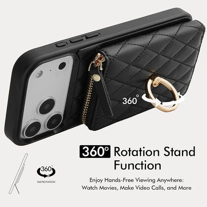 ZVE for iPhone 17 Pro Wallet Case for Women, PU Leather Crossbody Phone Cover with Card Holder 6.3 Inch-Black