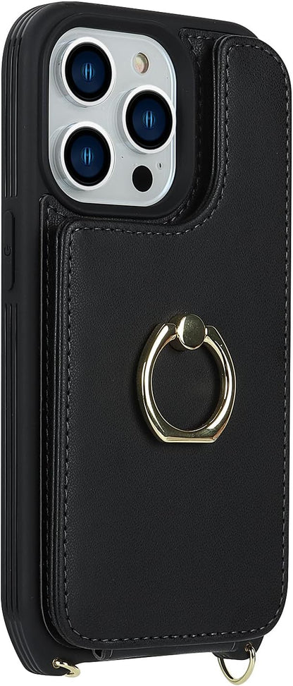 Lipvina for iPhone 14 Pro Max Case with Card Holder for Women,Phone Case with Strap,Crossbody Lanyard,Ring Stand,Snap Clasp,Cute Wallet Cases 6.7" (Black)