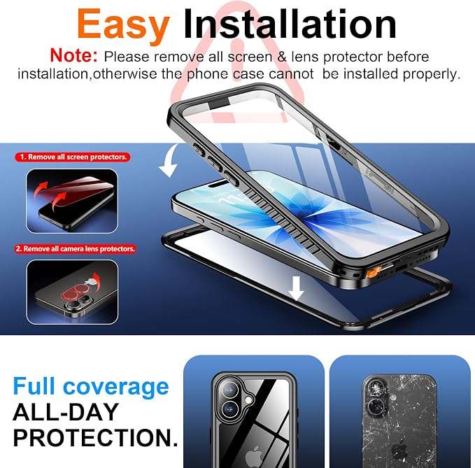 SPIDERCASE for iPhone 17 Case Waterproof, Built-in Lens & Screen Protector, Full Heavy Duty Protection, 12FT Military Shockproof, Dustproof, Anti-Scratched Phone Case,Black/Clear