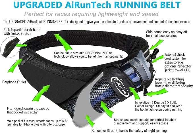AiRunTech Running Hydration Belt with Water Bottle Holder,Hiking Fanny Pack for Phone and Wallet,Running Bag Runners Essentials Accessories Marathon Triathlon Walking Jogging Gear Gift