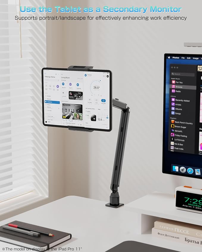 Tablet Arm Stand for Desk, Portable Monitor Stand Holder 15.6'',17.3'', Aluminum Alloy Foldable Arm Mount with 360° Rotating Desk Mount Compatible with 4.7-17.3inch Tablet, Cell Phone (Black)