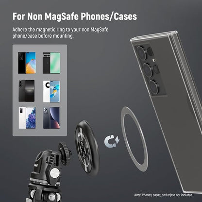 NEEWER Magnetic Phone Tripod Mount Adapter with Adhesive Magnetic Ring Compatible with MagSafe iPhone 15 Pro Max 15 Plus 14 13 12, 1/4" Thread for iPhone Video Recording Selfie Stick Ring Light, PA010