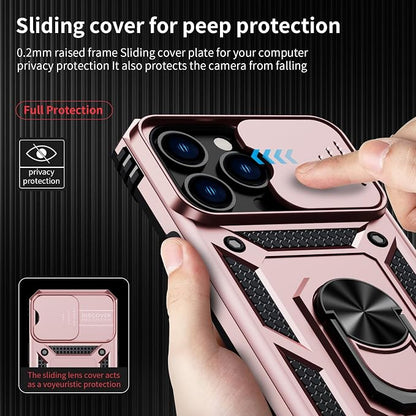 for iPhone 13 Pro Case with Camera Lens Cover, HD Screen Protector, 10 FT Military Grade Drop Protection, Magnetic Ring Holder Kickstand Protective Phone Case for iPhone 13 Pro, Rose Gold