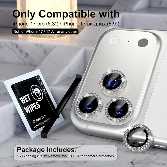 Choiche Compatible for iPhone 17 Pro/iPhone 17 Pro Max Camera Lens Protector Bling, 9H Tempered Glass Camera Cover Screen Protector Metal Ring Decoration Accessories (Diamond-Titanium Natural)