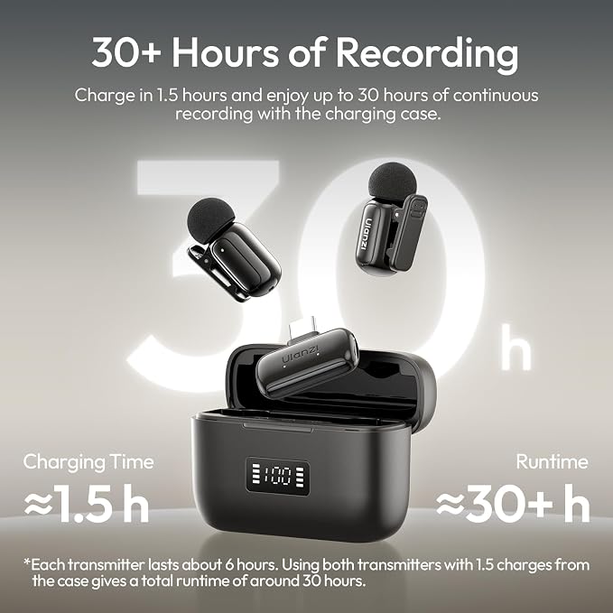 ULANZI A200 Mini Mic Wireless Lavalier Lapel Microphone for iPhone 17/16/15 Type-C, 48kHz/24-bit, Plug & Play, Smart Noise Cancelling, Digital Display, 30H Battery for Video Recording(White + Black)