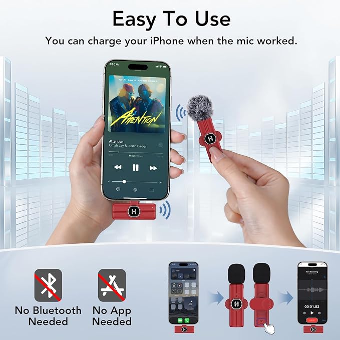 USB C Mini Wireless Lavalier Microphone for iPhone 15 16, iOS and Android Devices - Noise Reduction Lapel Mic for Recording, Clip Omni Lav Mic for Video Recording, Tiktok, YouTube, Vlog (Red)