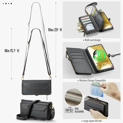 Strapurs Crossbody Wallet Case Compatible with Samsung Galaxy S22 Plus RFID Blocking Card Holder Soft PU Leather Magnetic Snap Strap Zipper Pocket Phone Case Fit for Galaxy S22+/ S22 Plus - Black
