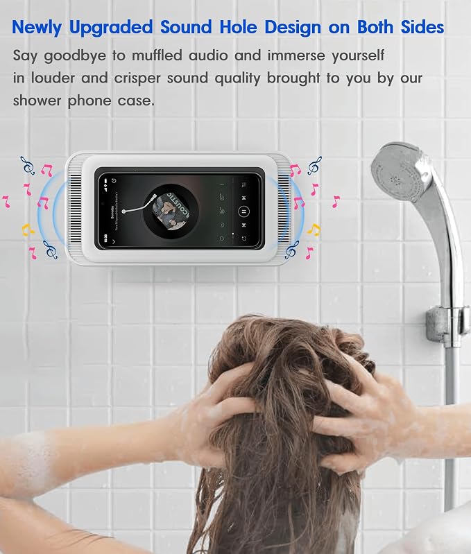 Mistriddle Waterproof Shower Phone Holder with 360° Rotation, Angle Adjustable, Enhanced Sound Quality, Wall Mounted Phone Holder for Bathroom Mirror Bathtub Kitchen, Up to 7 Inch (White)