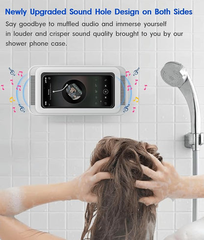 Mistriddle Waterproof Shower Phone Holder with 360° Rotation, Angle Adjustable, Enhanced Sound Quality, Wall Mounted Phone Holder for Bathroom Mirror Bathtub Kitchen, Up to 7 Inch (White)