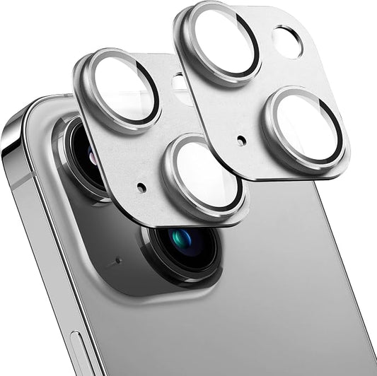 2 Pack Camera Lens Protector for iPhone 14/14 Plus,Metal AR Tempered Glass Rear Camera Screen Cover,Anti-Scratch,Strong Adsorption,Case Friendly, Easy to Install-Silver