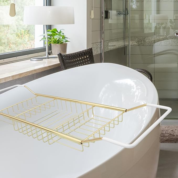 COHEALI Adjustable Stainless Steel Bathtub Tray with Anti-Slip Grips Expandable Tub Rack Storage Holder for Phone Soap Towels Versatile Bathroom Shelf for Books Tablets Wine Glasses Gold