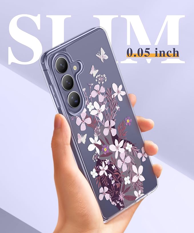 GVIEWIN for Samsung Galaxy S26 Case, Clear Floral Slim Shockproof Protective Women Phone Case, Non-Yellowing, with Screen Protector & Camera Lens Protector for Galaxy S26 6.3", Vase/Purple