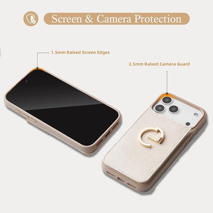 CUSTYPE Compatible with iPhone 17 Pro Wallet Case with Card Holder,Bling Leather 180°Ring Holder Kickstand Card Slots Case,PU Leather Protective Case for iPhone 17 Pro 6.3inch-Nude&Bling
