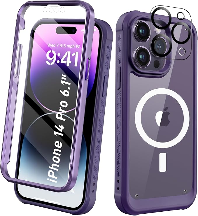 Compatible with iPhone 14 Pro Case, Built-in Screen Protector, with Camera Lens Protector, [Compatible with MagSafe] Full Body Phone Case, Magnetic Protective Cover for 14Pro 6.1" (Purple)
