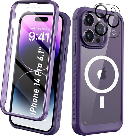 Compatible with iPhone 14 Pro Case, Built-in Screen Protector, with Camera Lens Protector, [Compatible with MagSafe] Full Body Phone Case, Magnetic Protective Cover for 14Pro 6.1" (Purple)