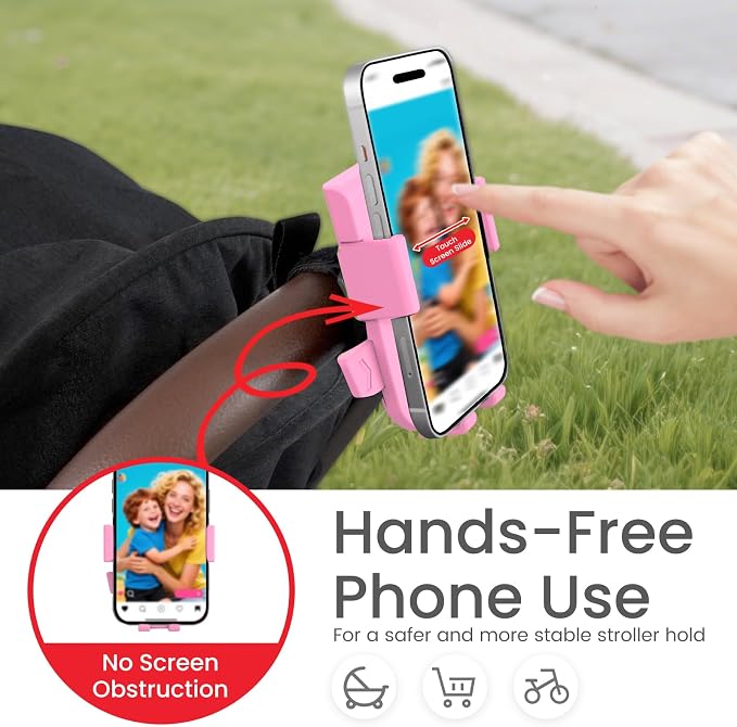 Baby Stroller Phone Holder, Bike Phone Holder, Shopping Cart, Motorcycle Phone Mount, Golf Cart, Push Cart, Treadmill, Universal- iPhone, Cell Phone Clamp (Pink)
