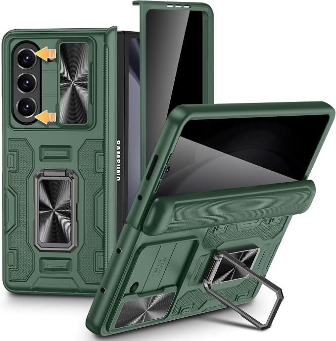 VEGO for Samsung Galaxy Z Fold 5 Case with Hinge Protection,Green | Full-Body Case Built-in Privacy Screen Protector, Slide Lens Cover, Ring Stand Shockproof Phone Case for Galaxy Fold 5