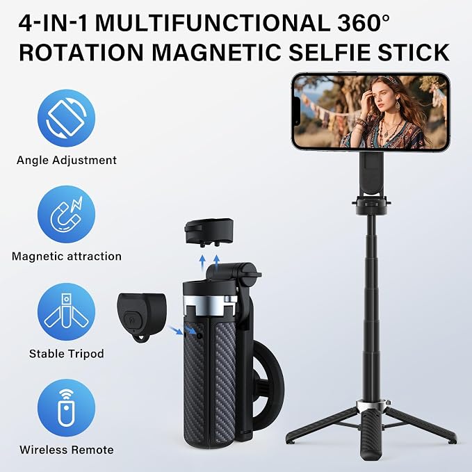 Opticnock 4-in-1 Magnetic Selfie Stick for iPhone/Android - 360° Rotatable, Extendable with Wireless Remote | Pocket Size | Includes Phone Ring (2PC)