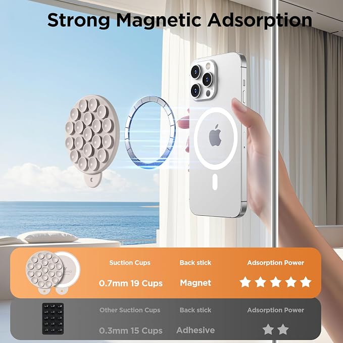 Magnetic Suction Cup Phone Mount with MagSafe, Silicone Hands-Free Grip Holder for iPhone Case and Android, Mirror Shower Phone Stand for Makeup FaceTime Gym Kitchen Bathroom, Stone