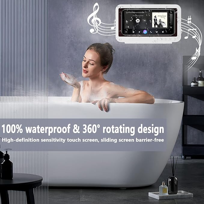 Shower Phone Holder Waterproof - Anti Fog High Sensitivity Touch Screen, 360°Rotation Wall Mount Shower Case for Phone for Bathroom Wall Mirror Bathtub Kitchen, Compatible with Under 7 Inch(White)