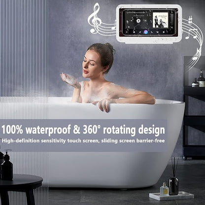 Shower Phone Holder Waterproof - Anti Fog High Sensitivity Touch Screen, 360°Rotation Wall Mount Shower Case for Phone for Bathroom Wall Mirror Bathtub Kitchen, Compatible with Under 7 Inch(White)