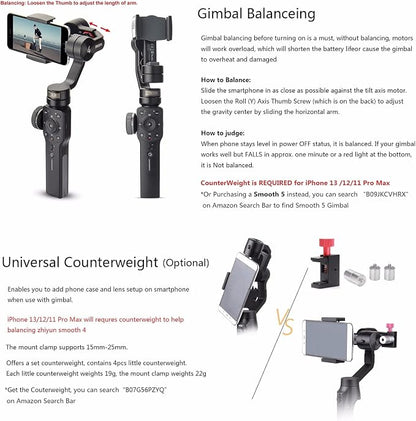 Zhiyun Smooth 4 Gimbal Stabilizer for Smartphone iPhone Android Cell Phone 3-Axis Handheld Gimbal for Vlogging YouTube Vlog TikTok Instagram Live Video Kit Support Cellphone 210g MAX