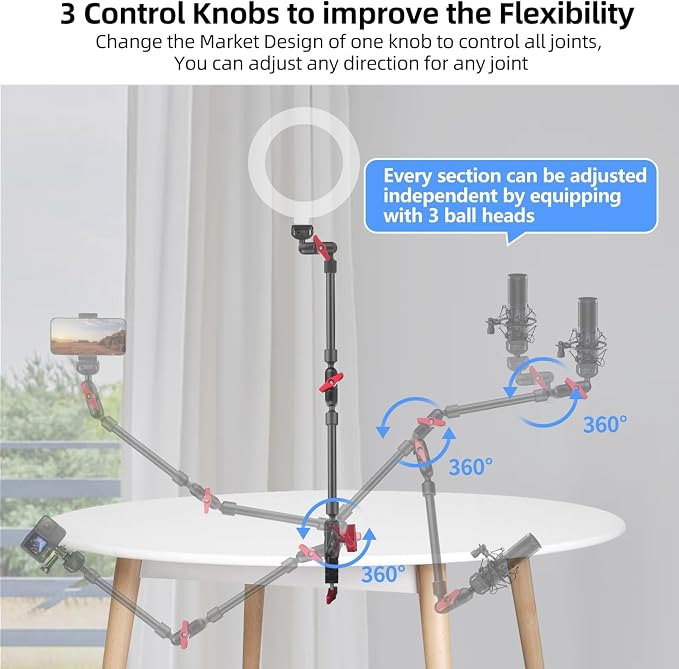 HEMMOTOP 22in Magic Arm with Clamp, Long Articulating Arm Camera Mount, Adjustable Phone Mount Holder 360° Rotation, Mic Arm for Microphone, LED Lights, for iPhone, Tripod, Desk, Table
