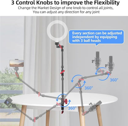 HEMMOTOP 22in Magic Arm with Clamp, Long Articulating Arm Camera Mount, Adjustable Phone Mount Holder 360° Rotation, Mic Arm for Microphone, LED Lights, for iPhone, Tripod, Desk, Table