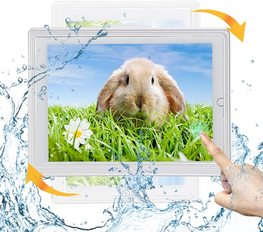 Shower Tablet Holder Waterproof Compatible with Ipad, Wall Mounted Bathroom Tablet Case 360° Rotation,Adhesive Touchable Cradle with Glass Anti-Fog Screen for Bathtub Kitchen White R