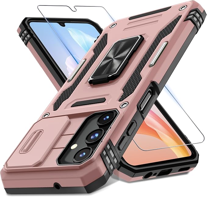 DEERLAMN Case for Samsung Galaxy A15 5G with Slide Camera Cover+Screen Protector (1 Pack), Rotated Ring Kickstand Military Grade Shockproof Protective Cover-Rose Gold
