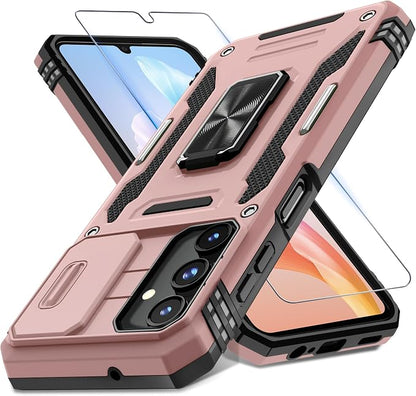 DEERLAMN Case for Samsung Galaxy A15 5G with Slide Camera Cover+Screen Protector (1 Pack), Rotated Ring Kickstand Military Grade Shockproof Protective Cover-Rose Gold