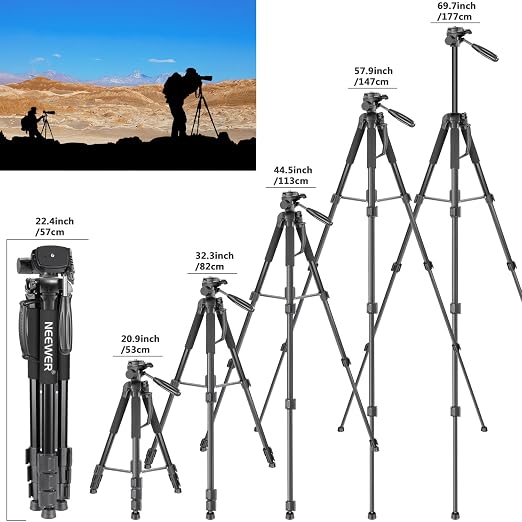 NEEWER Portable Aluminum Alloy Camera 2 in 1 Tripod Monopod Max. 70"/177cm with 3 Way Swivel Pan Head and Carrying Bag for DSLR, DV Video Camcorder (SAB264, Black)