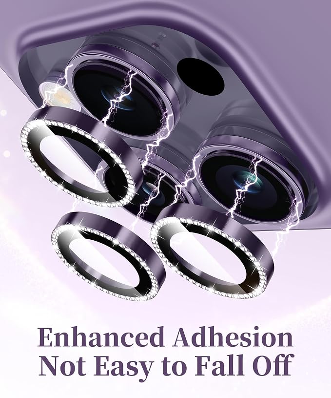GolbinBox Camera Lens Protector for iPhone 14 Pro/14 Pro Max, 1:1 Invisible Fit, 9H Tempered Glass Ultra HD Metal Individual Camera Cover for Women, Case Friendly, Bling/Deep Purple