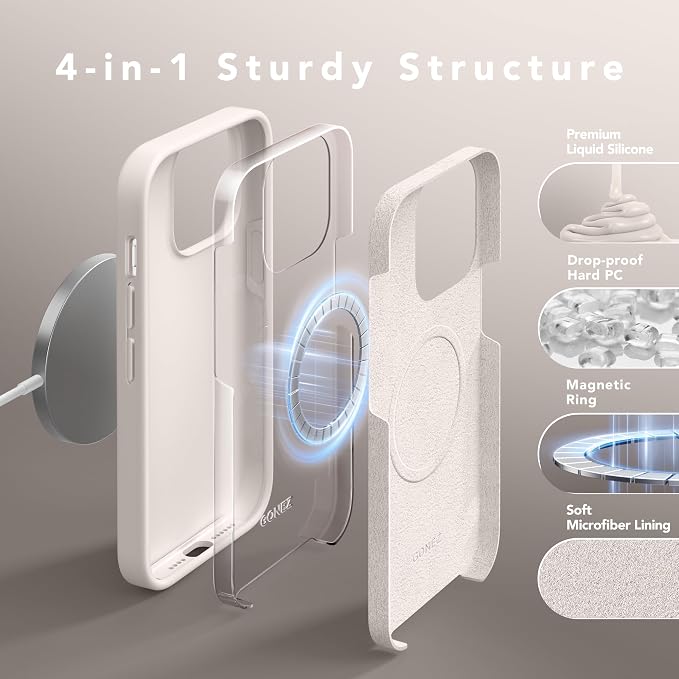 GONEZ for iPhone 14 Pro Max Case Silicone, Compatible with MagSafe, with Screen Protector + Camera Lens Protector, Liquid Silicone Shockproof Protective Phone 14 ProMax Case 6.7", Stone