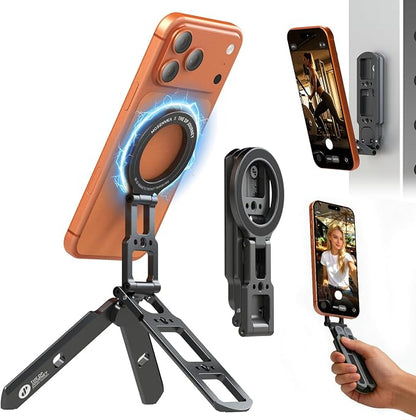 Dual Magnetic Phone Tripod for MagSafe Tripod Foldable Double Magnet Mount Pocket Cell Phone Stand for iPhone 17/16/15 Pro Plus Max Travel Gym Magnetic Tripod [US Patent Registered]