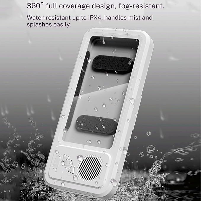 Waterproof Shower Phone Holder with Bluetooth Speaker, 100% Waterproof Fog‑Resistant Bathroom Phone Case, 480° Rotatable Retractable Mount for All Phones (White)