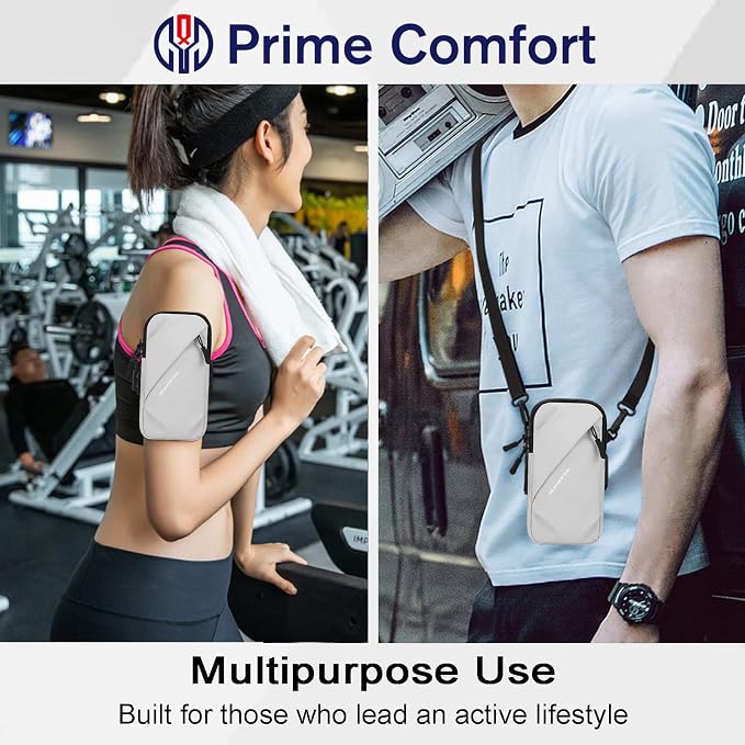 Prime Comfort Phone Holder, Small Crossbody Shoulder Holsters Bag with Arm Band, Fits iPhone and Android, Use for Running, Walking, Hiking & Biking (6.7 Inches, Grayish White)
