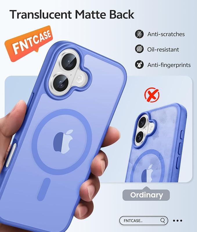 FNTCASE for iPhone 16 Case [Compatible with Magsafe] Translucent Matte Cases with [Screen Protector] Military Grade Shockproof Protective Phone Cover - Ultramarine