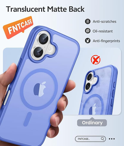 FNTCASE for iPhone 16 Case [Compatible with Magsafe] Translucent Matte Cases with [Screen Protector] Military Grade Shockproof Protective Phone Cover - Ultramarine