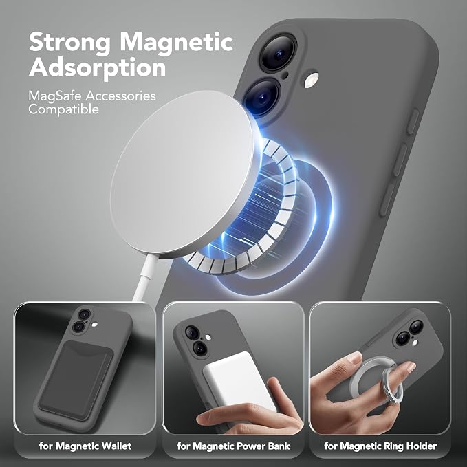 Magnetic for iPhone 16 Case, Compatible with MagSafe, [Screen Protector + Full Camera Protection], Silicone Shockproof Anti-Scratch Protective Phone Case for iPhone 16 6.1", Dark Gray