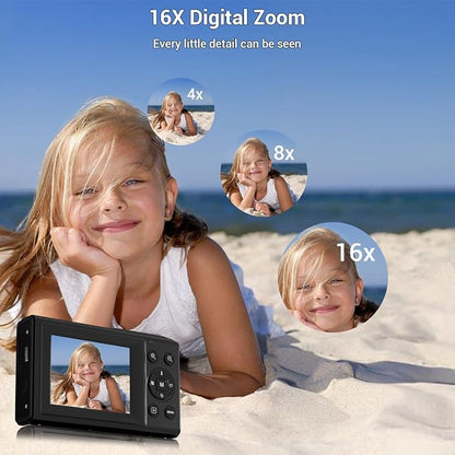 Digital Camera, 4K 44MP Autofocus Point and Shoot Camera with 16X Zoom 2.4" LCD Portable Compact Camera for Kids Teens Boys Girls Adults